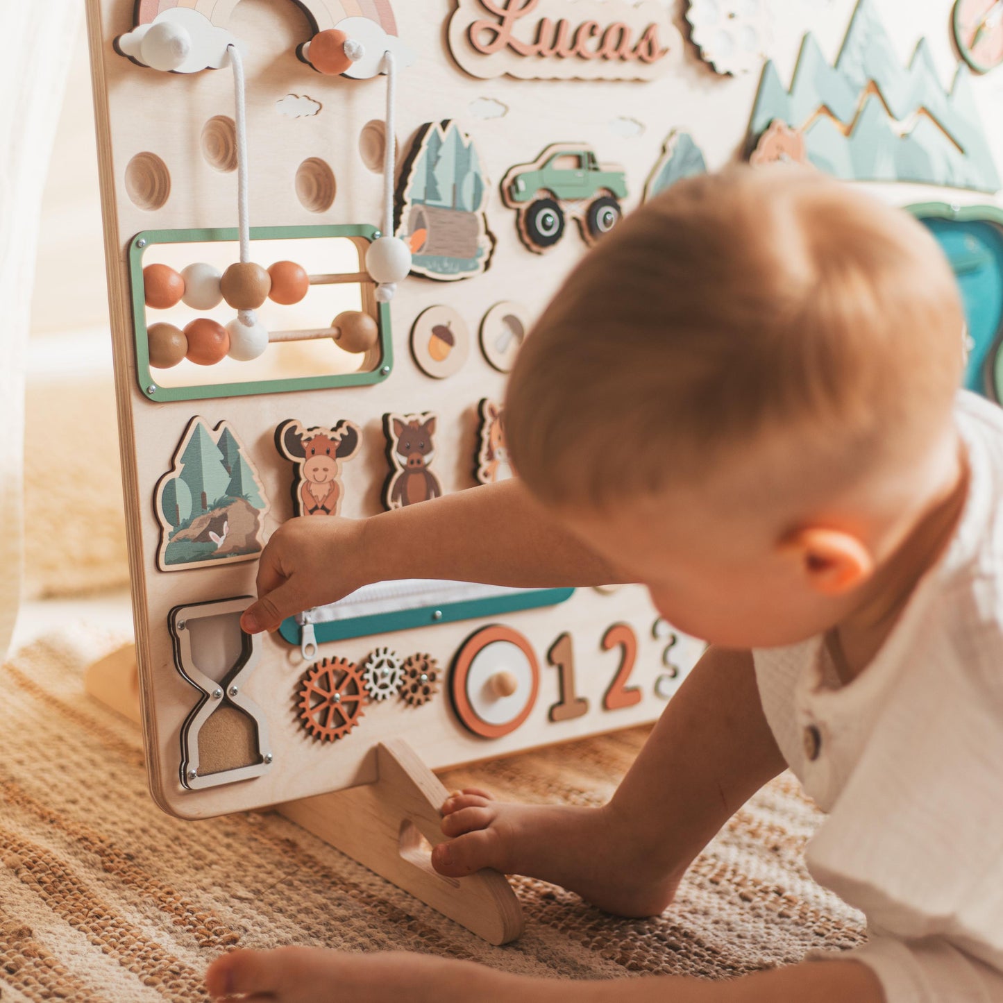 Personalized Activity Busy Board – Wooden Montessori Toy Gift for Kids Easter