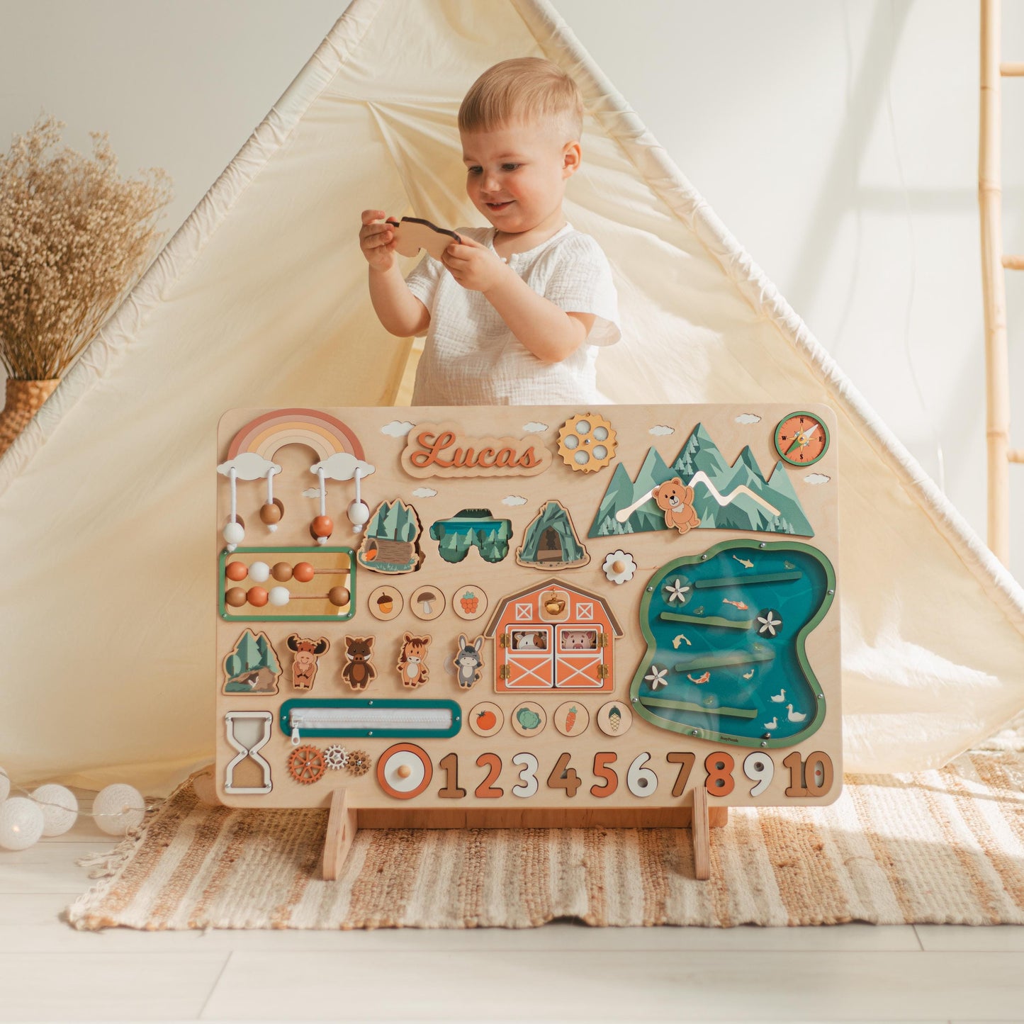 Woodland Busy Board Imaginative Play Large Montessori Board Personalized Gift For Grandson