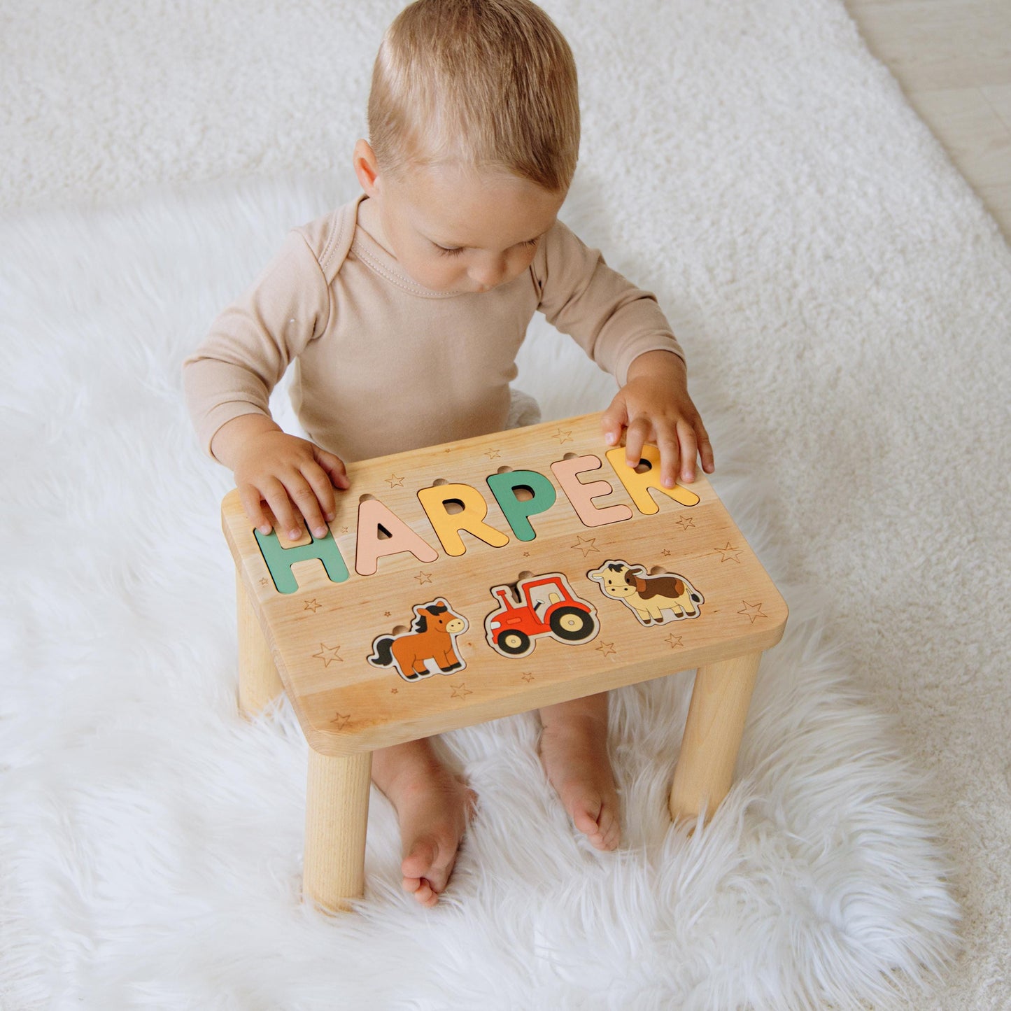 Personalized Farm Name Puzzle Step Stool Montessori Helper Kids Easter Gift