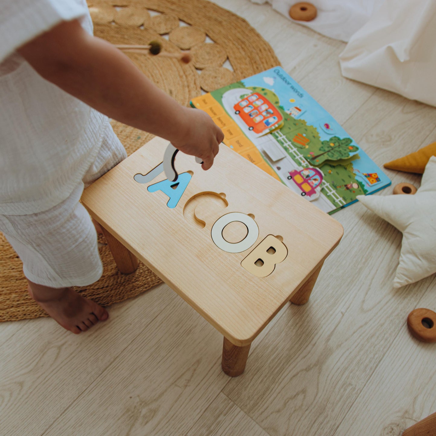Name Puzzle Step Stool Bench Toddler Step Stool with Puzzle Baby Boy Birthday Gif Baby Shower Gift Wooden Toddler Chair Gifts For Kids