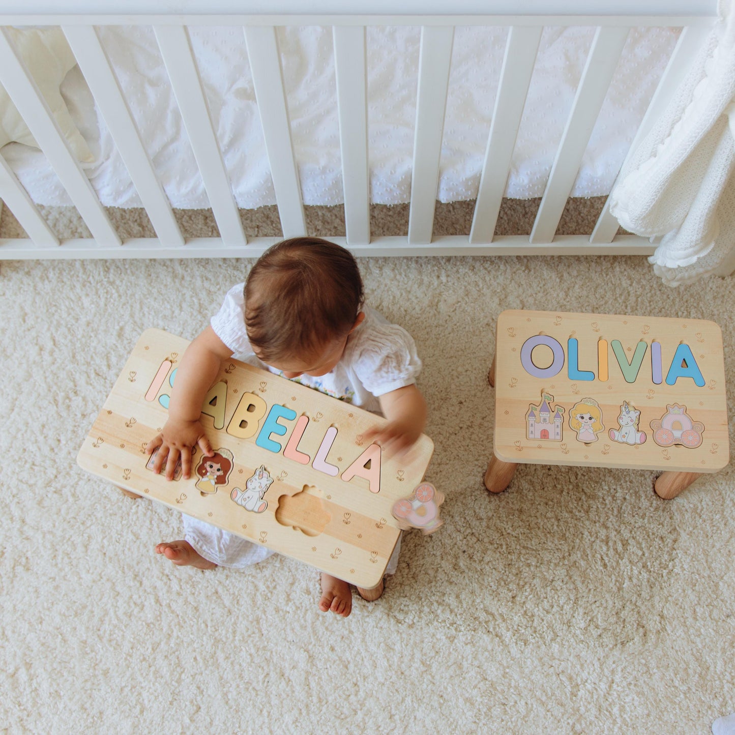 Custom Name Puzzle Stool Puzzle Step Stool First Birthday Gift Baby Keepsake Handcrafted Educational Gift Unique Toddler Toy Natural Wood