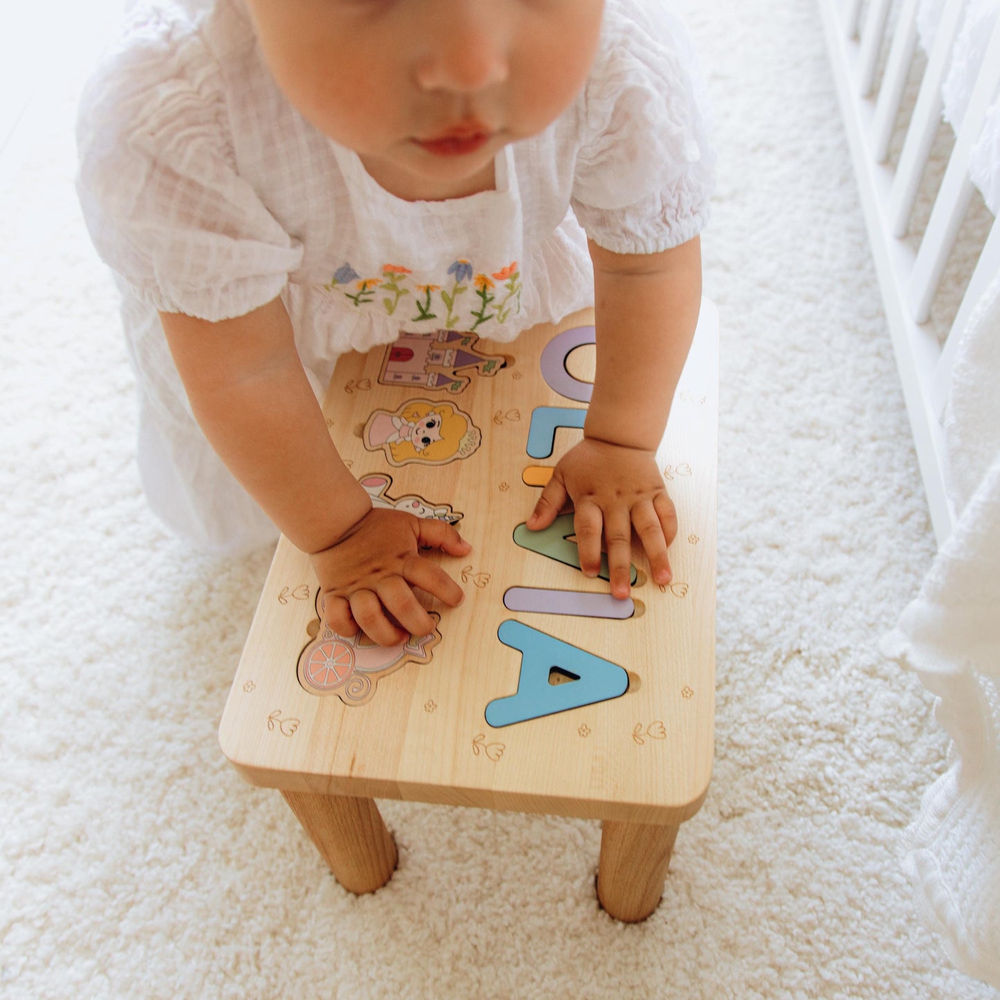 Personalized Name Puzzle Stool. Toddler Step Stool. 1 2 3 Year Old Gift. Baby Girl Birthday Gift. Wooden Toddler Chair. Baptism Girl Gift.