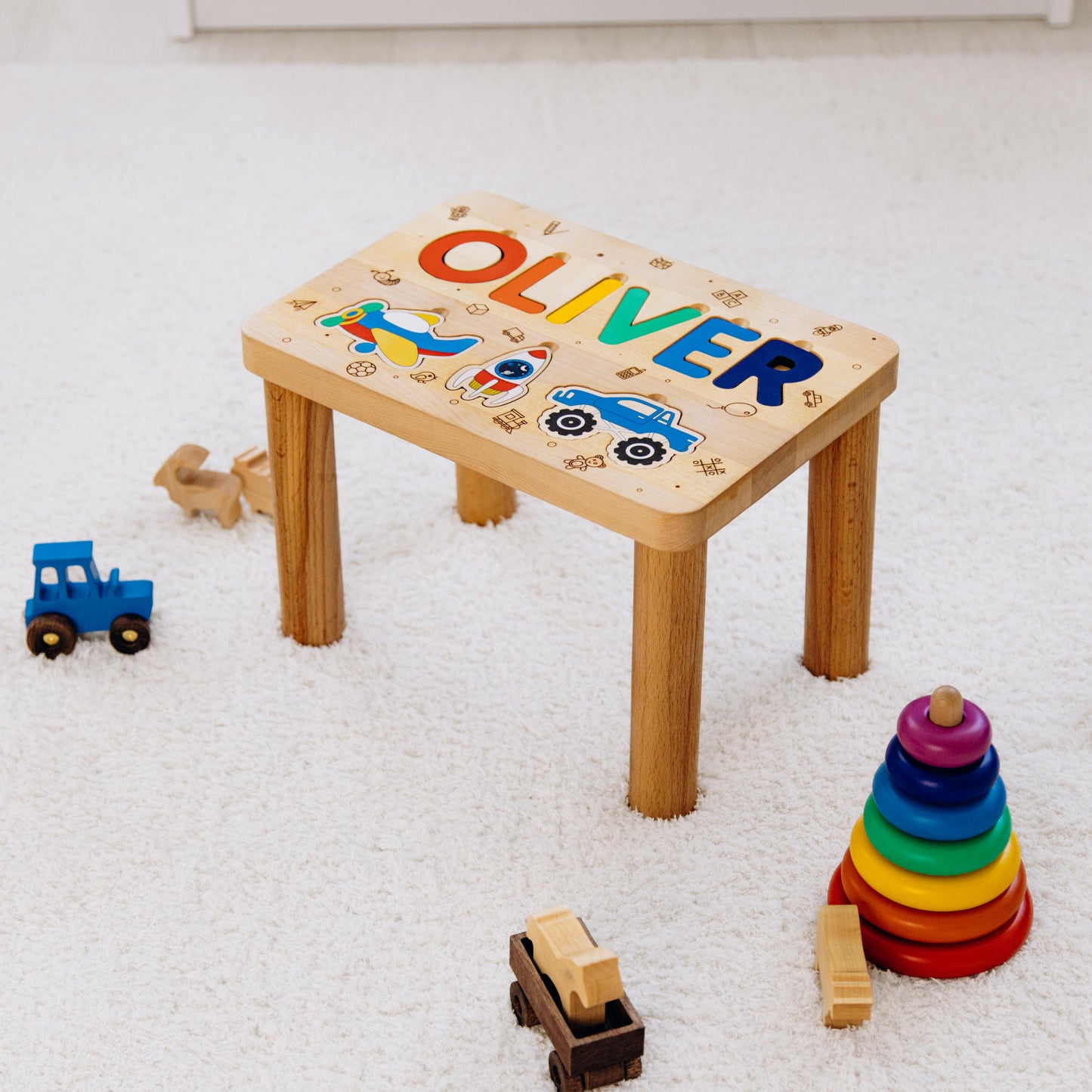 Pastel Blue Name Puzzle Step Stool Wooden Toddler Chair 1 2 3 Year Old Gift Personalized Baby Gift First Easter Baptism Boy Grandson Gift