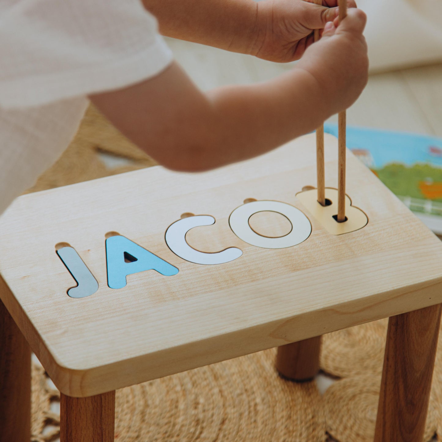 Blue Name Puzzle Stool - Montessori Furniture - Easter Gift For Toddlers and Kids