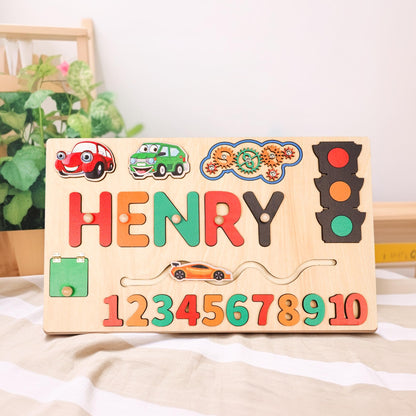 Baby Boy Name Puzzle, Personalized Kids Busy Board, Early Learning Puzzle, Child Birthday Gift , Wooden Baby Car Toy, Kids Christmas Gift