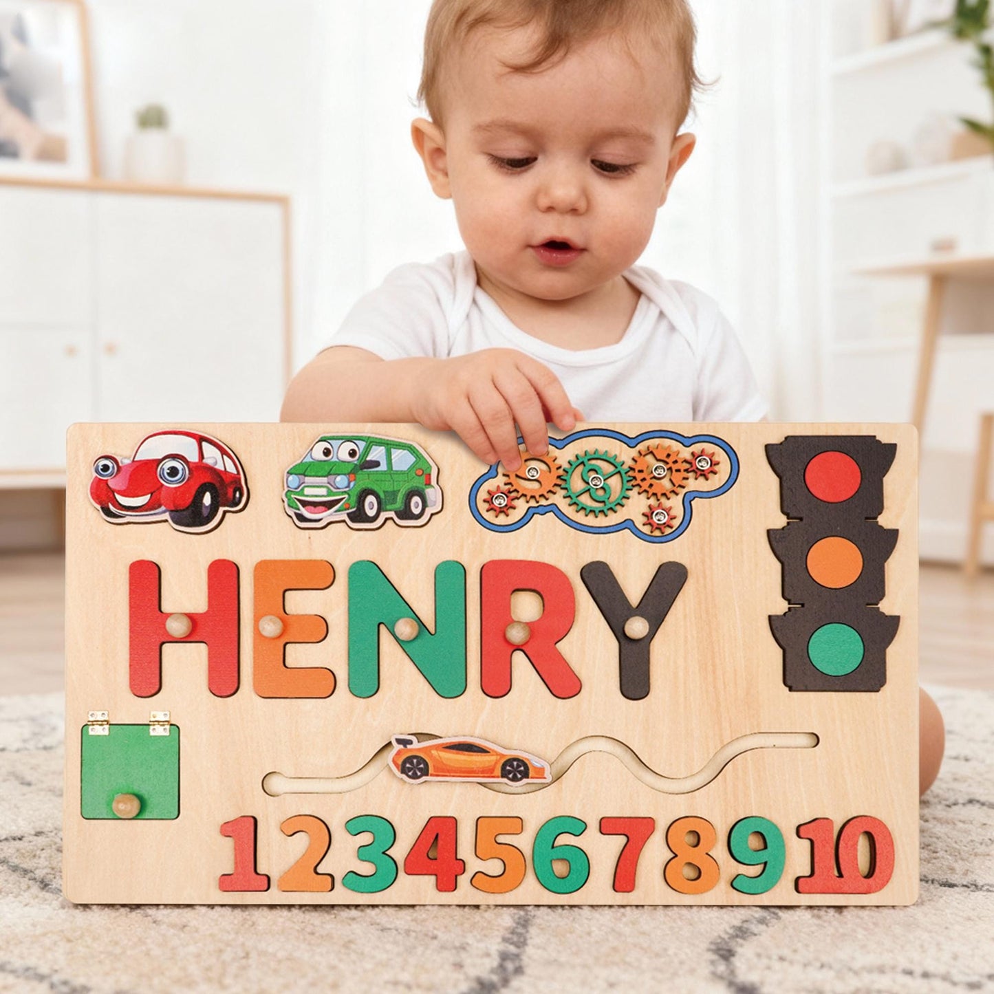 Baby Boy Name Puzzle, Personalized Kids Busy Board, Early Learning Puzzle, Child Birthday Gift , Wooden Baby Car Toy, Kids Christmas Gift