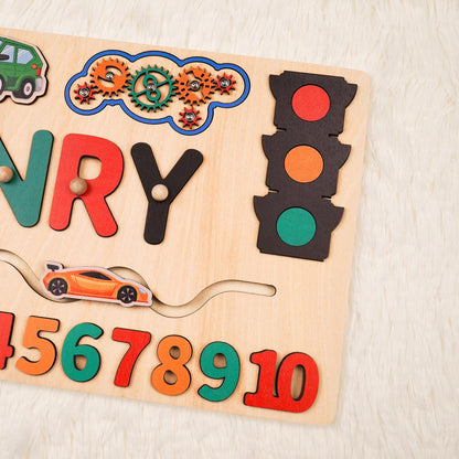 Baby Boy Name Puzzle, Personalized Kids Busy Board, Early Learning Puzzle, Child Birthday Gift , Wooden Baby Car Toy, Kids Christmas Gift