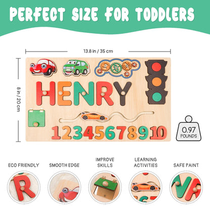 Baby Boy Name Puzzle, Personalized Kids Busy Board, Early Learning Puzzle, Child Birthday Gift , Wooden Baby Car Toy, Kids Christmas Gift
