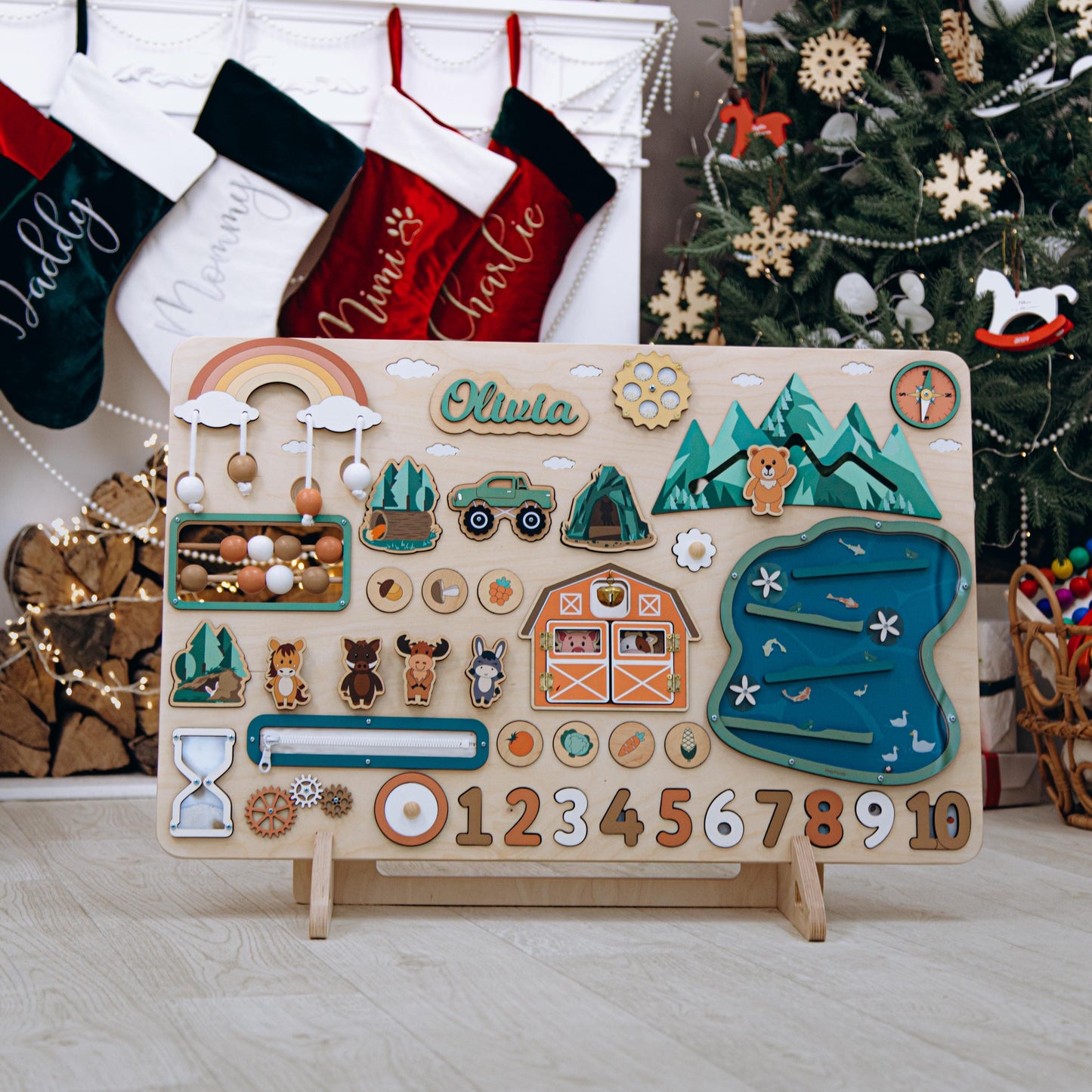Wood Large Interactive Busy Board Personalized - 1st Birthday & First Christmas Gift For Son, Grandson, Godson, Nephew
