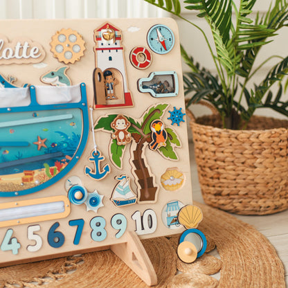 Large Ocean Busy Board With Child's Name. Montessori Educational Board For Toddlers.