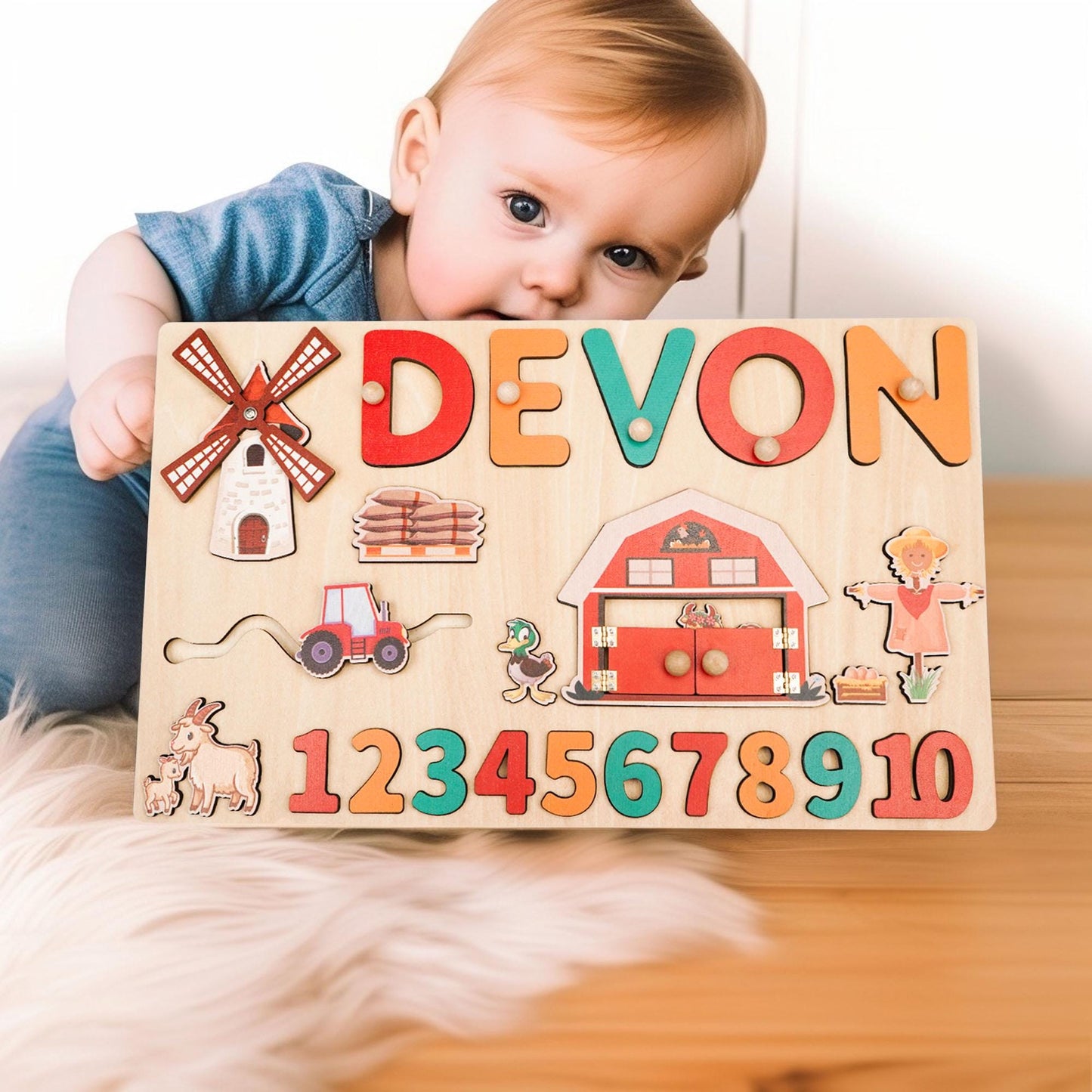 Personalized Baby Name Puzzle, Custom Kids Busy Board, Early Learning Puzzle, Baby Birthday Gift, Kids Christmas Gift, Wood Baby Farm Puzzle