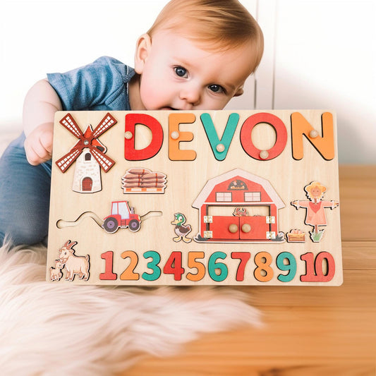 Personalized Baby Name Puzzle, Custom Kids Busy Board, Early Learning Puzzle, Baby Birthday Gift, Kids Christmas Gift, Wood Baby Farm Puzzle