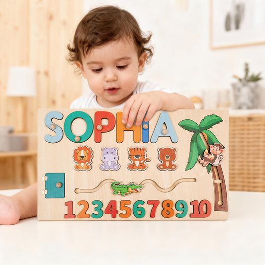 Wooden Baby Name Puzzle, Personalized Kids Toddler Puzzle, Early Learning Busy Board, 1st Birthday Gift , Wood Baby Toy, 1st Christmas Gift