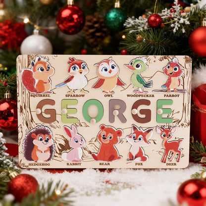 Custom Baby Name Puzzle, Personalized Kids Busy Board, Animal Puzzle Toy, Wood Baby Room Decor, Birthday Gift for Kids, 1st Christmas Gift