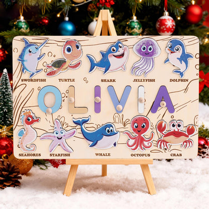 Custom Baby Name Puzzle, Personalized Kids Busy Board, Animal Puzzle Toy, Wood Baby Room Decor, Birthday Gift for Kids, 1st Christmas Gift