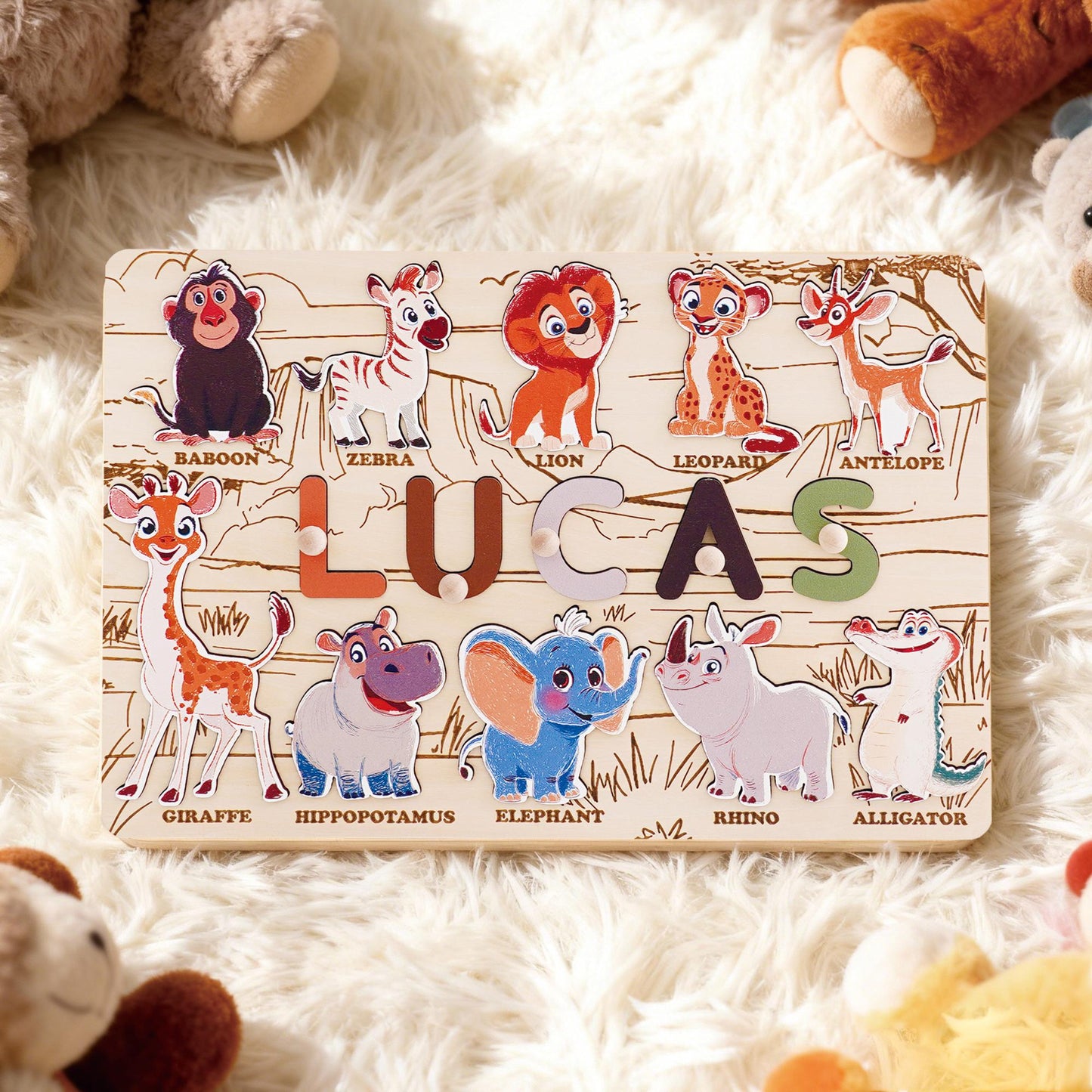 Custom Baby Name Puzzle, Personalized Kids Busy Board, Animal Puzzle Toy, Wood Baby Room Decor, Birthday Gift for Kids, 1st Christmas Gift
