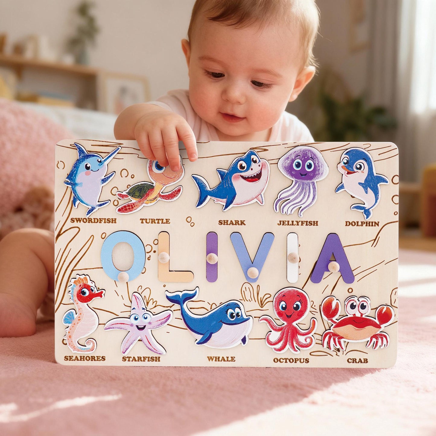 Custom Baby Name Puzzle, Personalized Kids Busy Board, Animal Puzzle Toy, Wood Baby Room Decor, Birthday Gift for Kids, 1st Christmas Gift