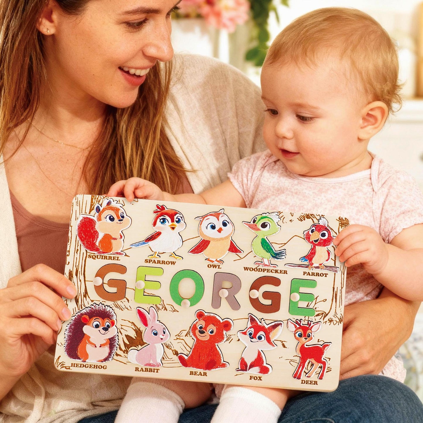 Custom Baby Name Puzzle, Personalized Kids Busy Board, Animal Puzzle Toy, Wood Baby Room Decor, Birthday Gift for Kids, 1st Christmas Gift