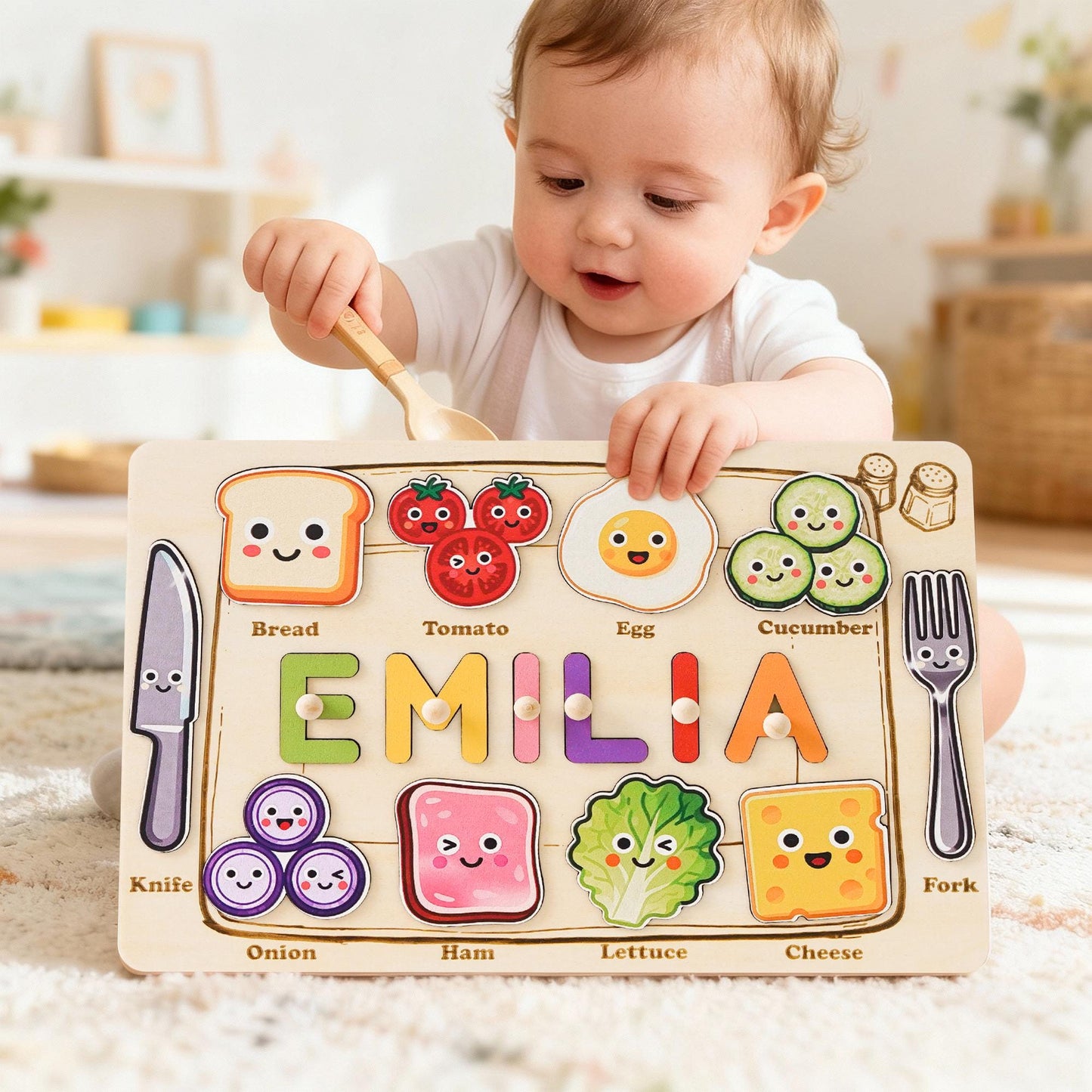 Custom Baby Name Puzzle, Personalized Kids Food Busy Board, Wooden Baby Room Decor, Baby Birthday Gift, Baby Shower Gift, 1st Christmas Gift