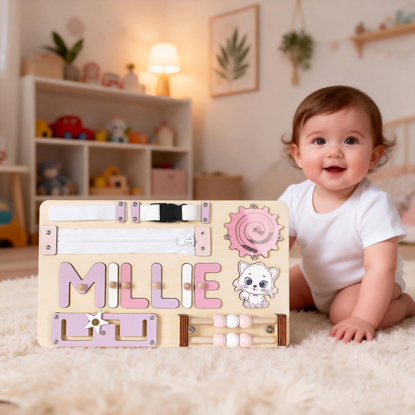 Custom Baby Name Puzzle, Personalized Kids Busy Board, Early Learning Puzzle, 1st Birthday Gift for Kids, Wooden Room Decor, Baby Girl Gift