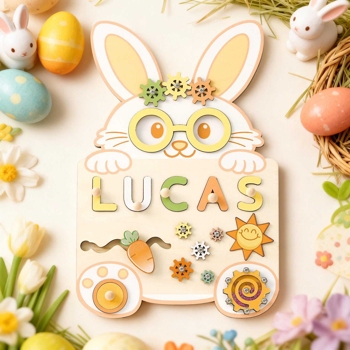 Custom Easter Baby Name Puzzle, Personalised Kids Busy Board, Wooden Baby Toy, First Easter Gift for Kids, Baby Girl 1st Birthday Gift