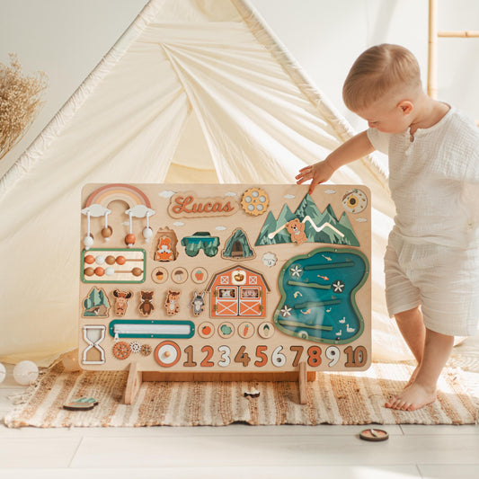 Personalized Montessori Busy Board for Toddlers – Wooden Sensory Board, Fidget Toy for Autism & ADHD, Developmental Learning Toy