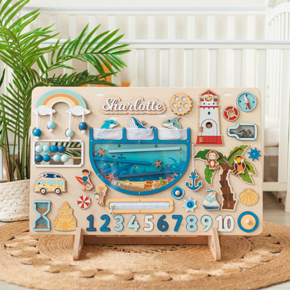 Large Ocean Busy Board With Child's Name. Montessori Educational Board For Toddlers.