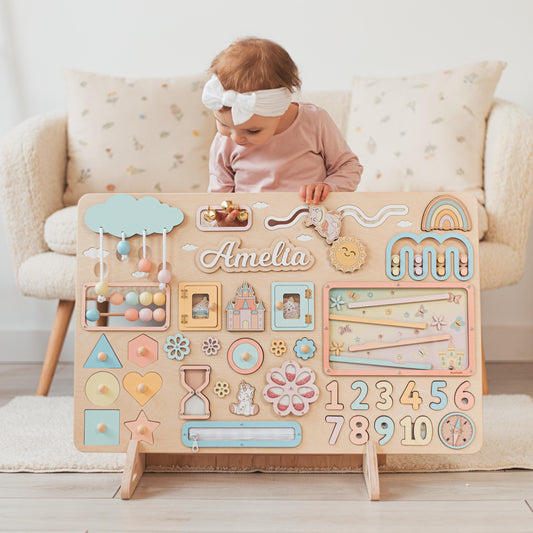 Personalized Activity Busy Board – Wooden Montessori Toy Gift for Kids Easter