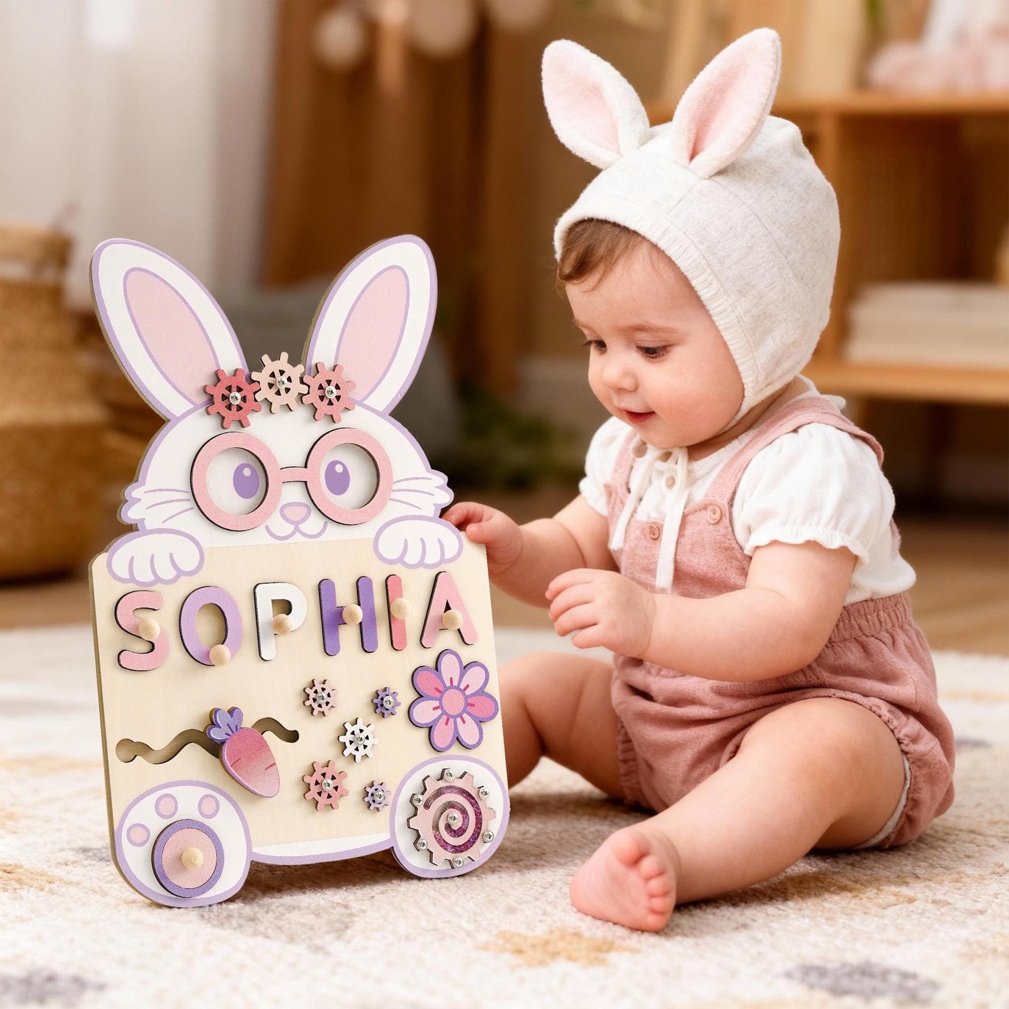 Custom Easter Bunny Baby Name Puzzle, Personalised Baby Montessori Toys, Easter Gift for Baby, 1st Baby Birthday Gift, 2 year old Baby gift