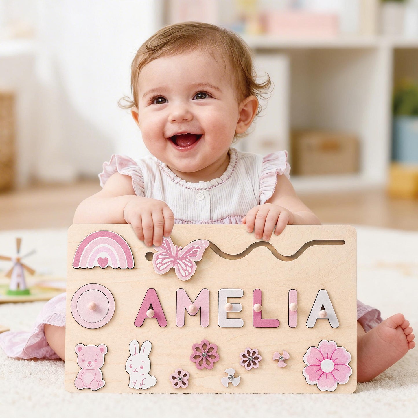 Custom Baby Girl Name Puzzle, Kids Early Learning Busy Board, Baby Room Decor, 1st Birthday Gift for Baby, Wood Educational Toddler Toy Gift