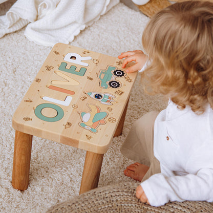 Wooden Name Puzzle Stool Toddler Step Stool 1 2 3 Years Old Custom Gifts For Kids Baptism Boy Gift 1st Birthday Gift Eco Friendly Toys