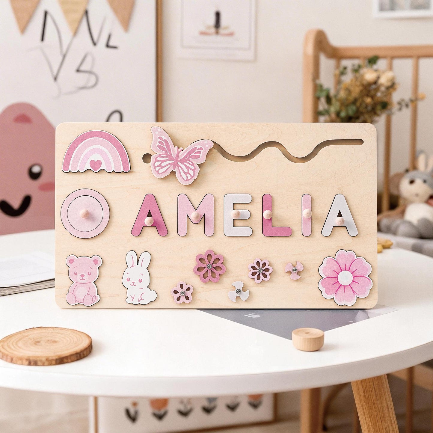 Custom Baby Girl Name Puzzle, Kids Early Learning Busy Board, Baby Room Decor, 1st Birthday Gift for Baby, Wood Educational Toddler Toy Gift