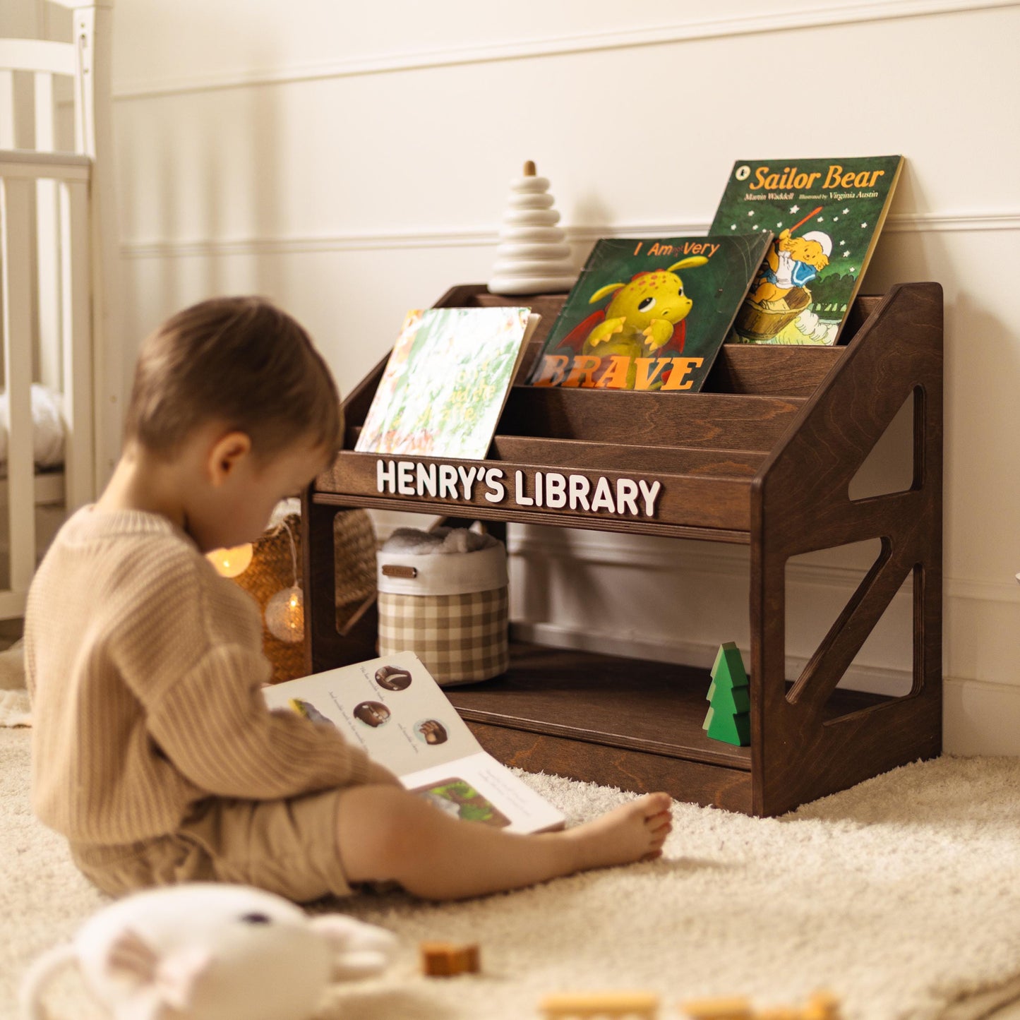 Personalized Bookshelf for Toddler Boy, Wooden Book Display, Kids Book Rack, Montessori Shelf, Nursery Decor, Henry’s Baby Library