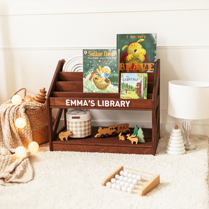 Personalized Nursery Bookshelf, Dark Wood Book Rack, Custom Name Shelf, Kids Room Decor, Montessori Book Storage, Emma’s Baby Library