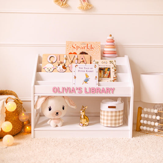 Personalized Bookshelf for Baby Girl, Wooden Toddler Book Display, Custom Kids Name Nursery Shelf, Baby Birthday Gift, Playroom Furniture