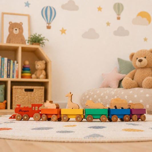 Personalized Wooden Animal Train, Custom Train Toy with Name, Montessori Pull Toy, Safari Baby Gift