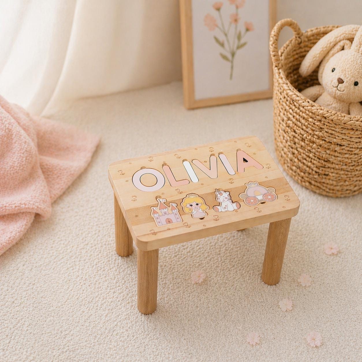 Pink Personalized Step Stool for Girls, Wooden Name Stool, Toddler Helper Stool, Baby Girl Gift, Nursery Furniture