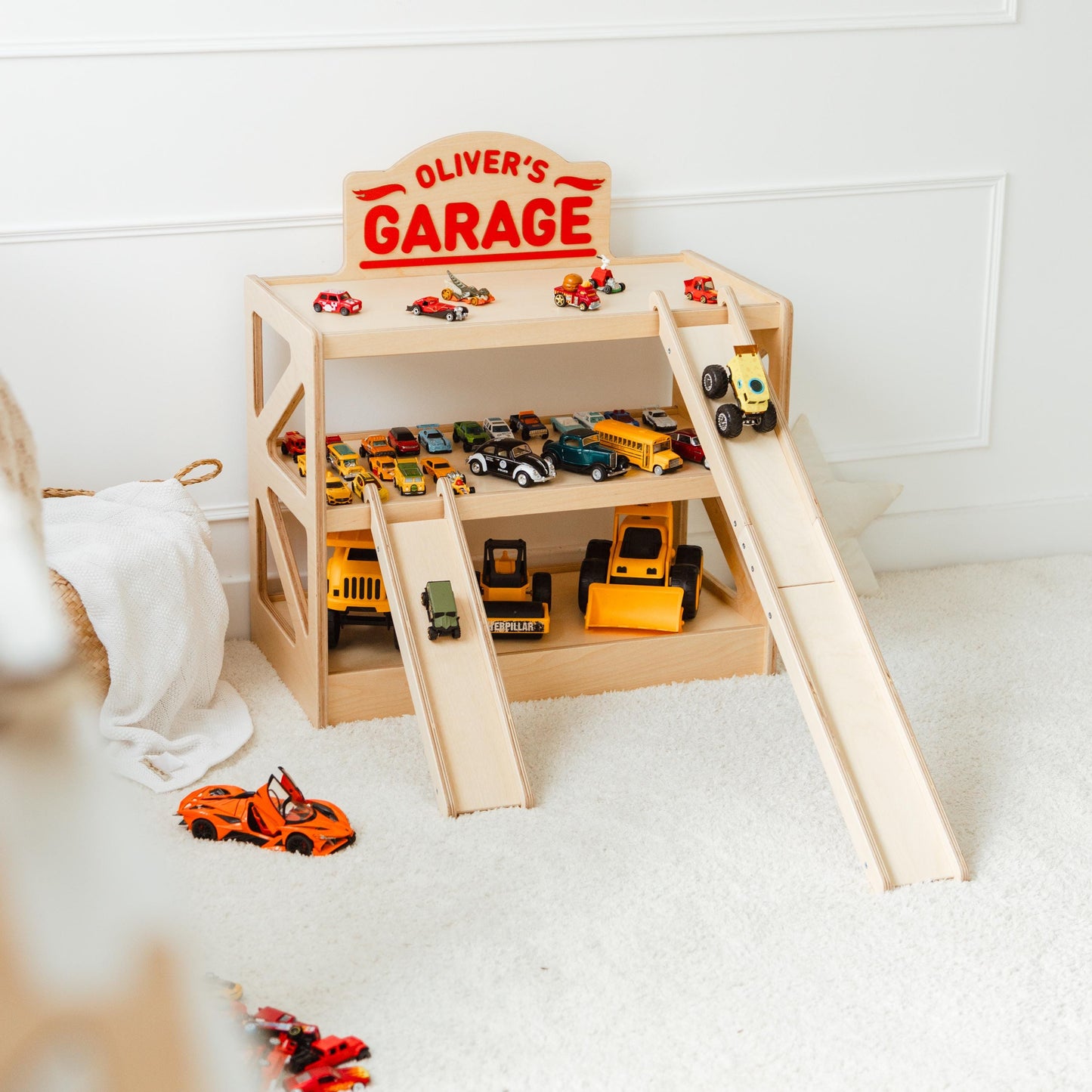 Personalized Toy Car Garage, Wooden Parking Garage With Ramps, Toy Car Storage Organizer, Toddler Boy Gift
