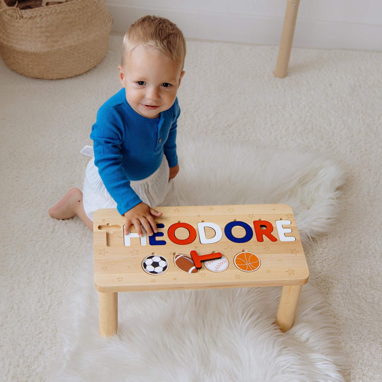 Wooden Kids Stool with Name, Personalized Sports Theme Gift, Custom Nursery & Playroom Decor, Made for Little Champions