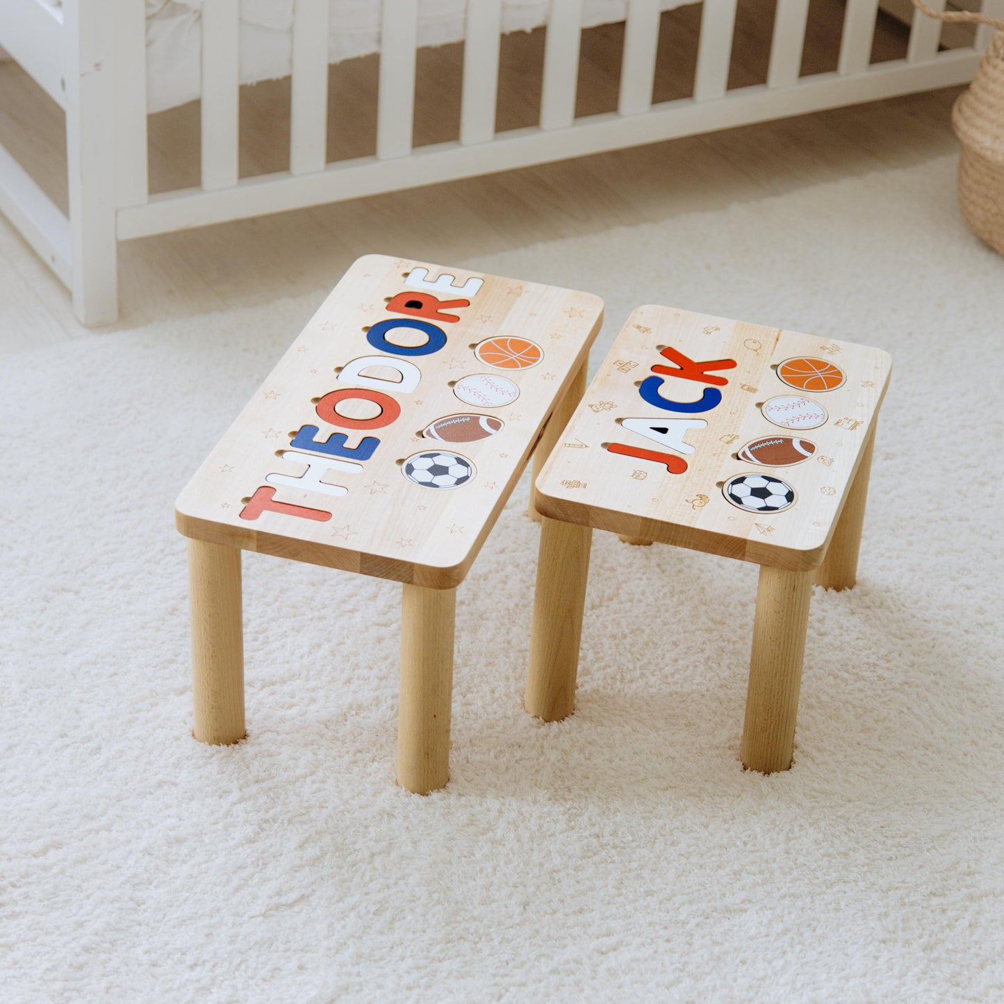 Wooden Kids Stool with Name, Personalized Sports Theme Gift, Custom Nursery & Playroom Decor, Made for Little Champions