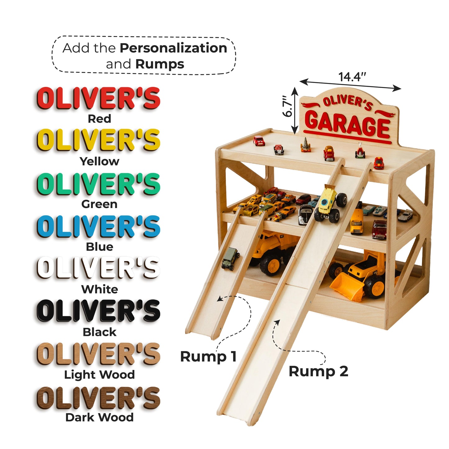 Personalized Wooden Car Garage With Ramps, Toy Car Storage Organizer, Custom Boy Gift