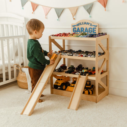 Personalized Wooden Car Garage With Ramps, Toy Car Storage Organizer, Custom Boy Gift