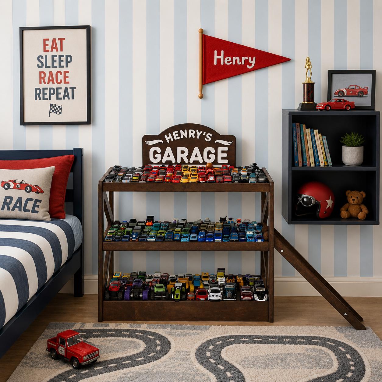 Large Toy Car Storage Garage, Personalized Wooden Car Display Shelf, Holds 100+ Cars, Birthday Boy Gift