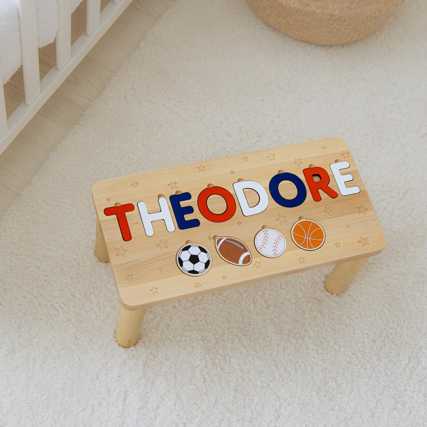 Wooden Kids Stool with Name, Personalized Sports Theme Gift, Custom Nursery & Playroom Decor, Made for Little Champions