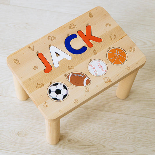 Wooden Kids Stool with Name, Personalized Sports Theme Gift, Custom Nursery & Playroom Decor, Made for Little Champions
